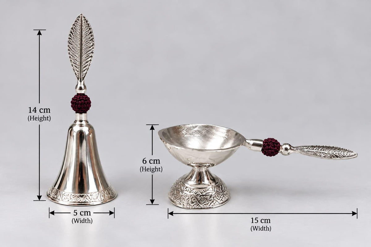 German Silver Pooja Bell & Diya Set | Engraved Leaf Handle, Gift Box (6 Inch)