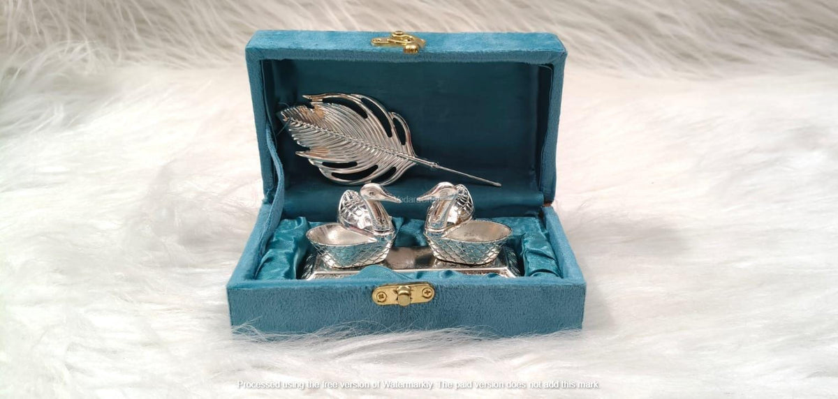 Best, Unique, Custom, Handmade German Silver, Silver Plated Duck Tilak Stick & Chopra Set with Velvet Box (11x6cm), Kumkum Gift Sets, Diwali