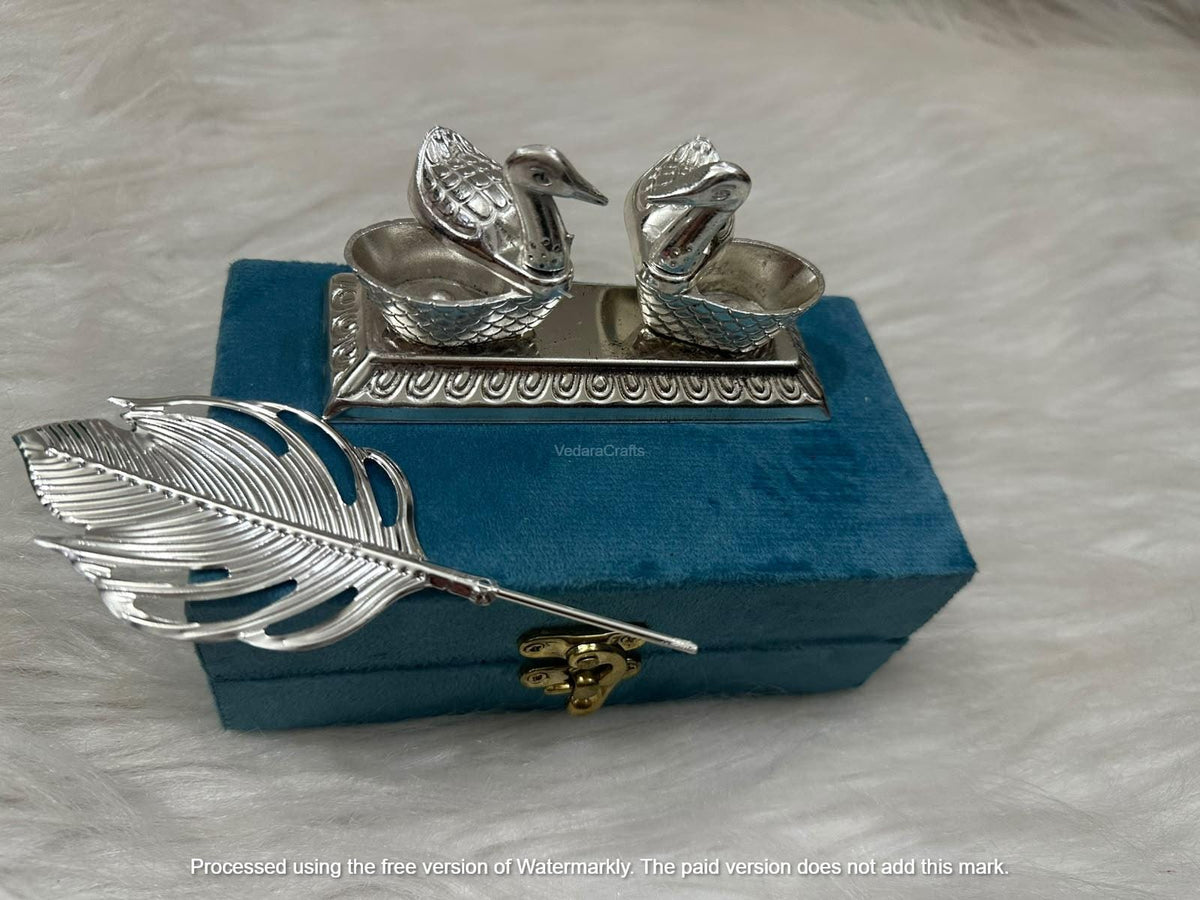 Best, Unique, Custom, Handmade German Silver, Silver Plated Duck Tilak Stick & Chopra Set with Velvet Box (11x6cm), Kumkum Gift Sets, Diwali