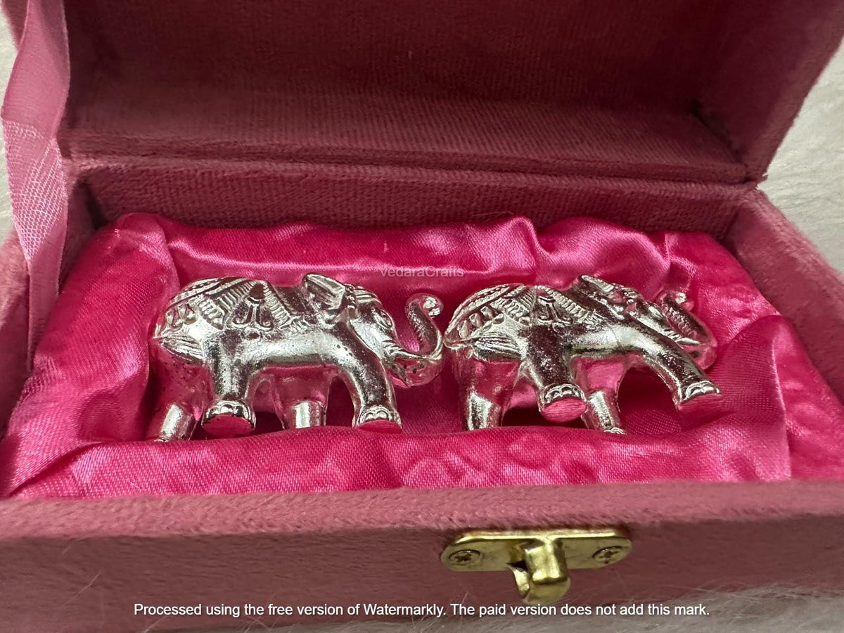 Handcrafted Antique Silver-Plated Elephant Idols (Pack Of 2) | Vastu Idol | Table Decor