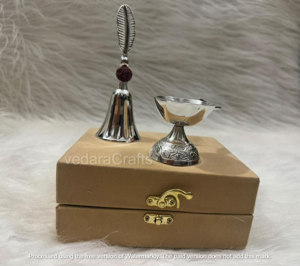 German Silver Pooja Bell & Diya Set | Engraved Leaf Handle, Gift Box (6 Inch)