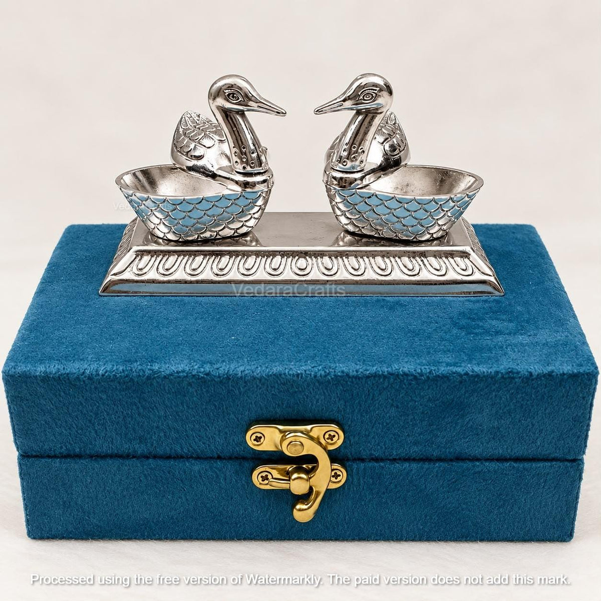 Best, Unique, Custom, Handmade German Silver, Silver Plated Duck Tilak Stick & Chopra Set with Velvet Box (11x6cm), Kumkum Gift Sets, Diwali
