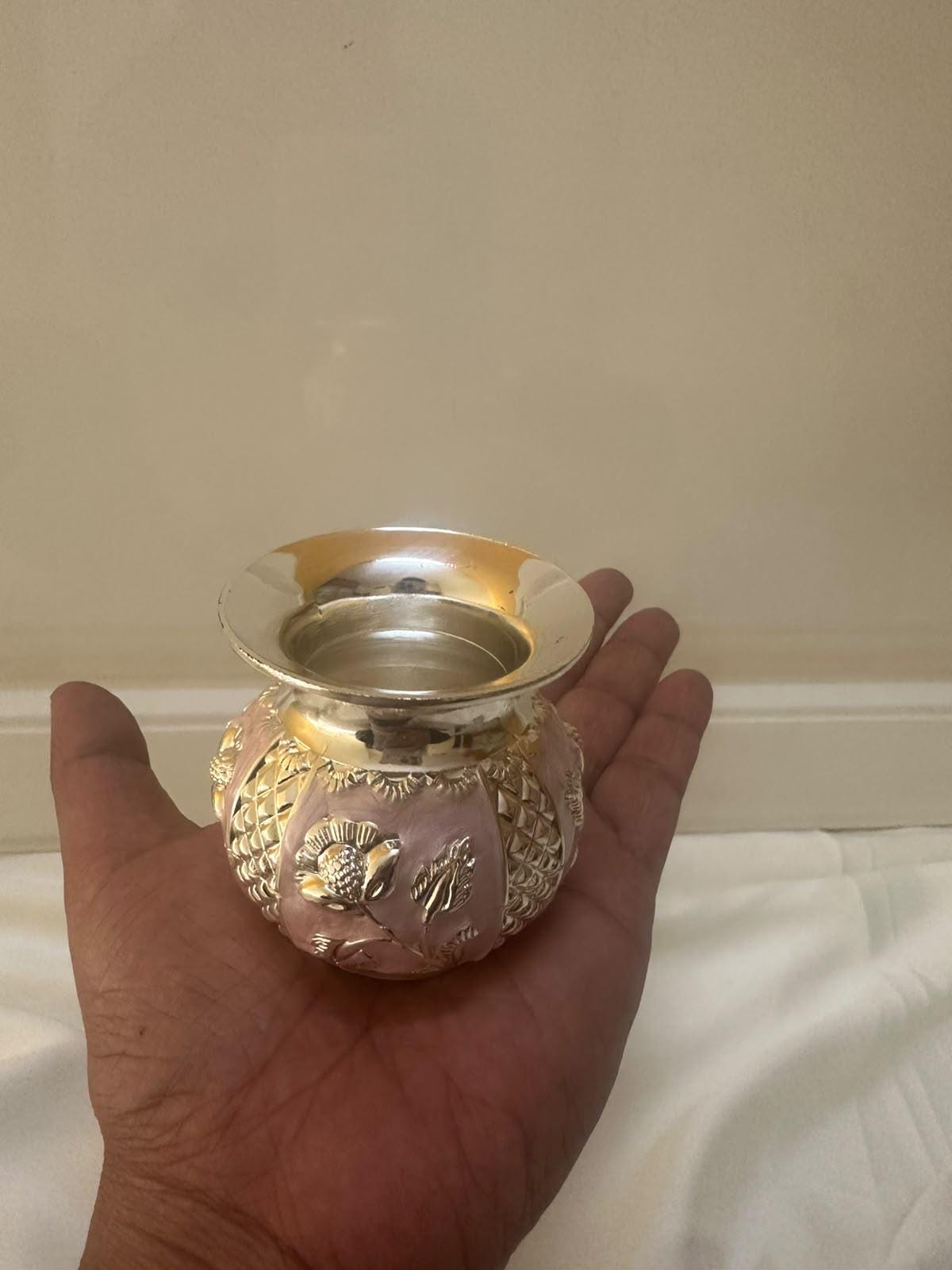 German Silver Mini Puja Kalash, Enamel Mandir Decor, Diwali Gift (2.5x2.2)