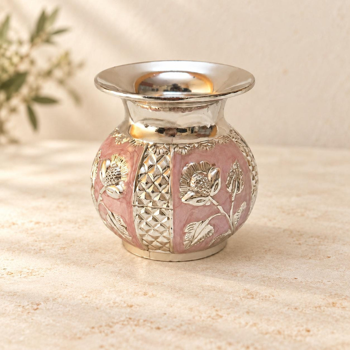 German Silver Mini Puja Kalash, Enamel Mandir Decor, Diwali Gift (2.5x2.2)