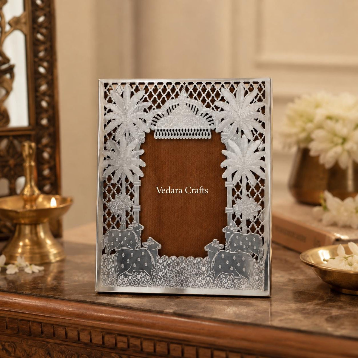 Handcrafted Silver Plated Photo Frame Set – Cow, Lotus, Tree Motifs (9x7 inches) , Wedding, Anniversary, Birthday Gift, Classic Photo Frame