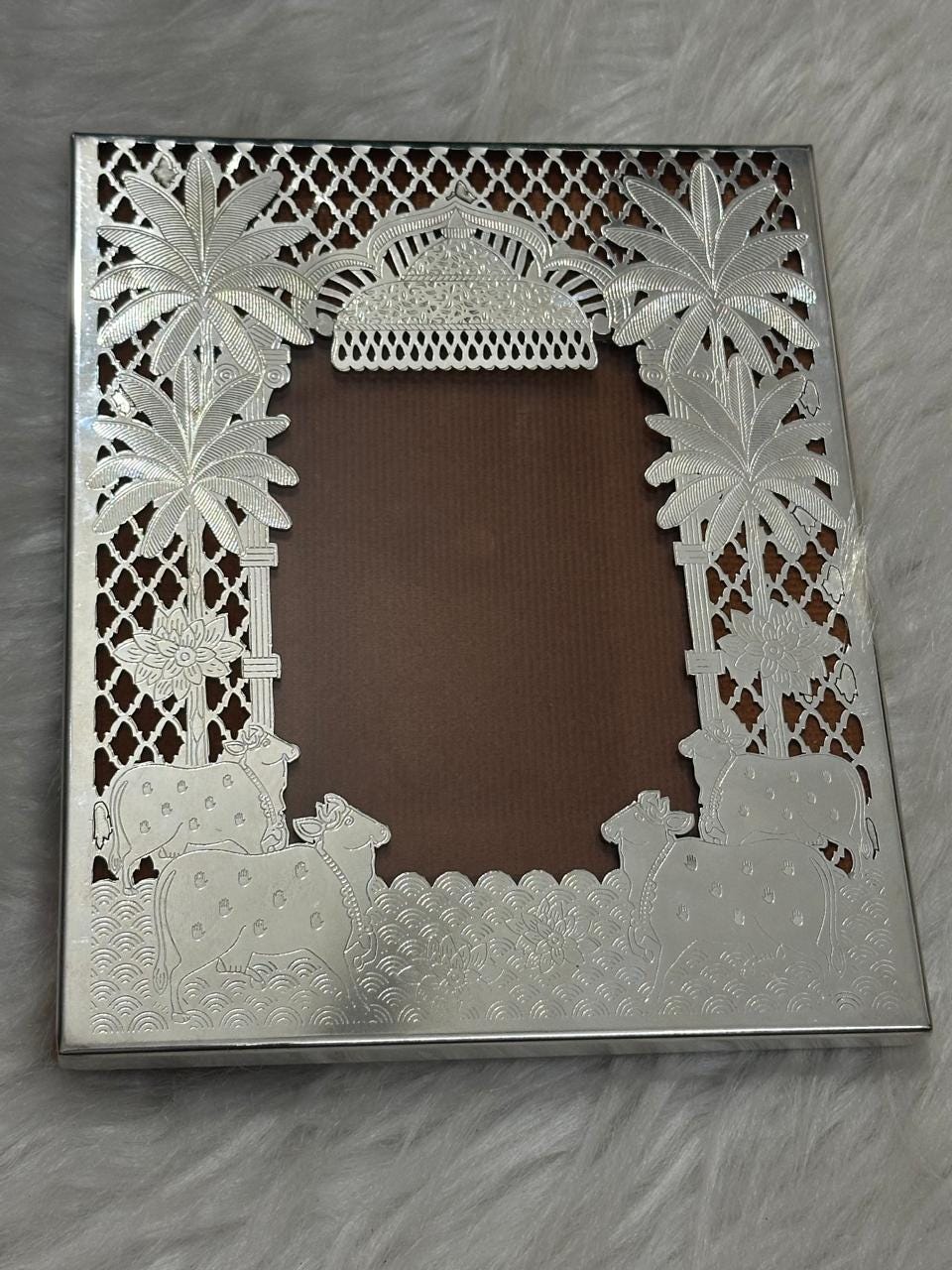Handcrafted Silver Plated Photo Frame Set – Cow, Lotus, Tree Motifs (9x7 inches) , Wedding, Anniversary, Birthday Gift, Classic Photo Frame