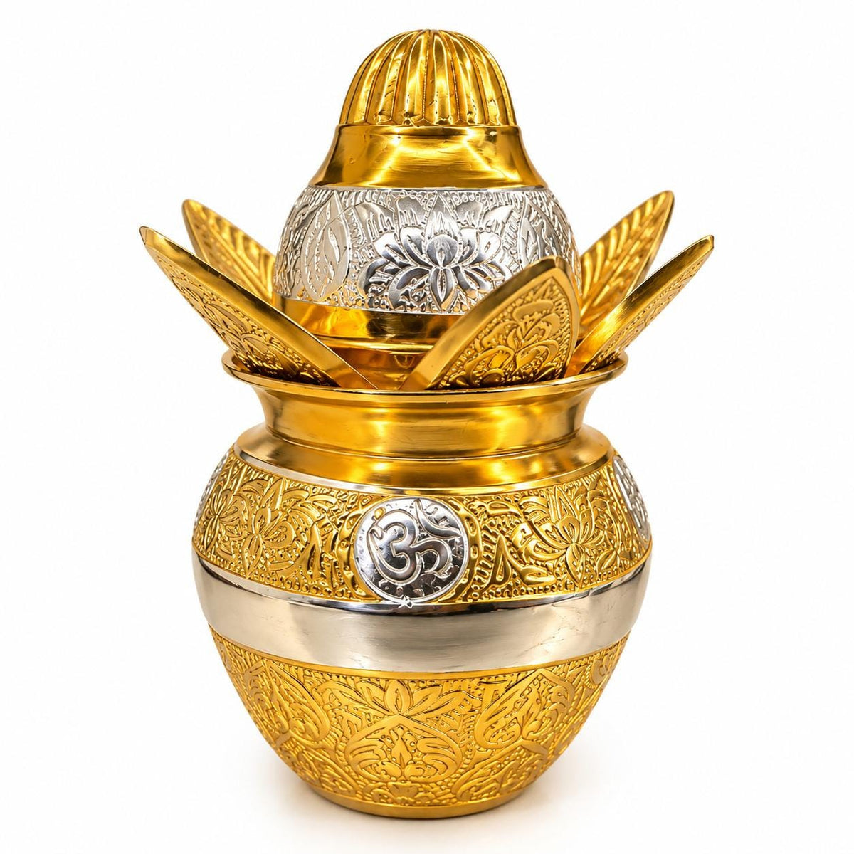 Engraved German Silver Pooja Kalash | Lotus Om Motif, Diwali Puja Decor (4.5*6.5 inches)