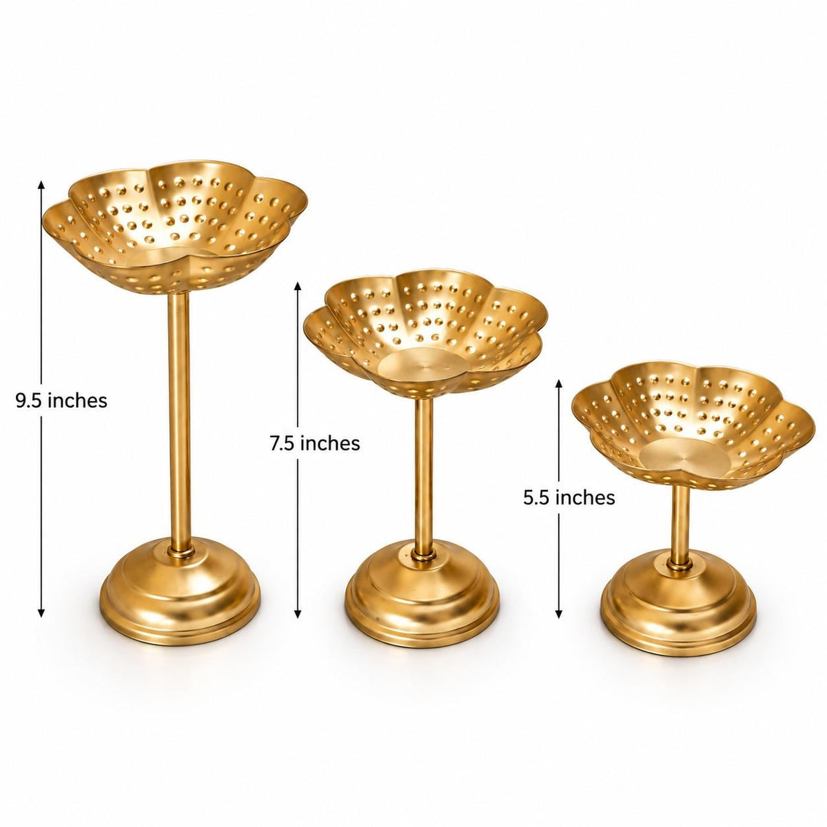 Gold Tone Floral Tealight Stands, Graduated Height Diya Set (5.5-9.5 inches)