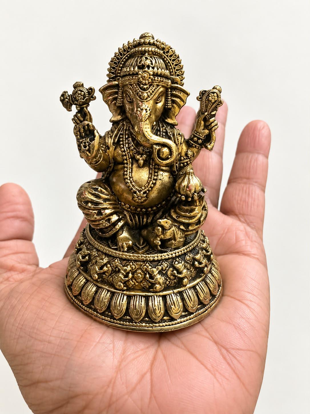 Solid Brass God Ganesha Idol (3 Inches),Hindu God statue for Pooja Temple Decor