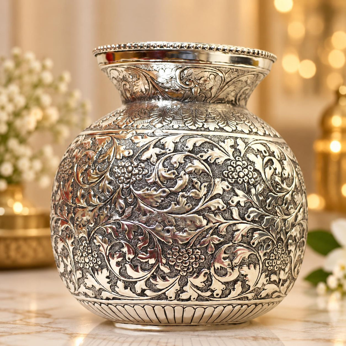German Silver Floral Engraved Kalash, 10x5 Inch Pooja Pot, AshtaLakshmi Home Decor