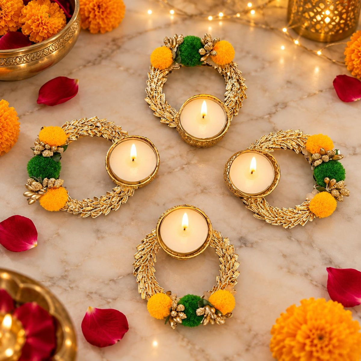 Gold Floral Pom-Pom Tealight Holder | 4-Inch Diwali Pooja Decor (200 pcs)