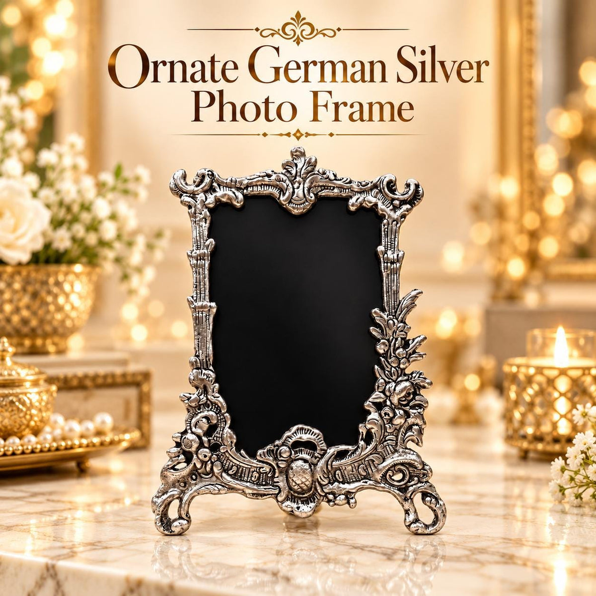 Ornate German Silver Photo Frame, Vintage Floral Design, 8x6 Inch , Handcrafted frame .