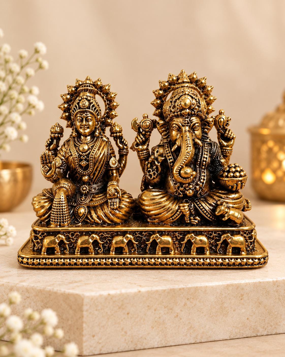 Handcrafted Brass Lakshmi Ganesh Idol, 3x3.5 Inch Hindu Temple Decor