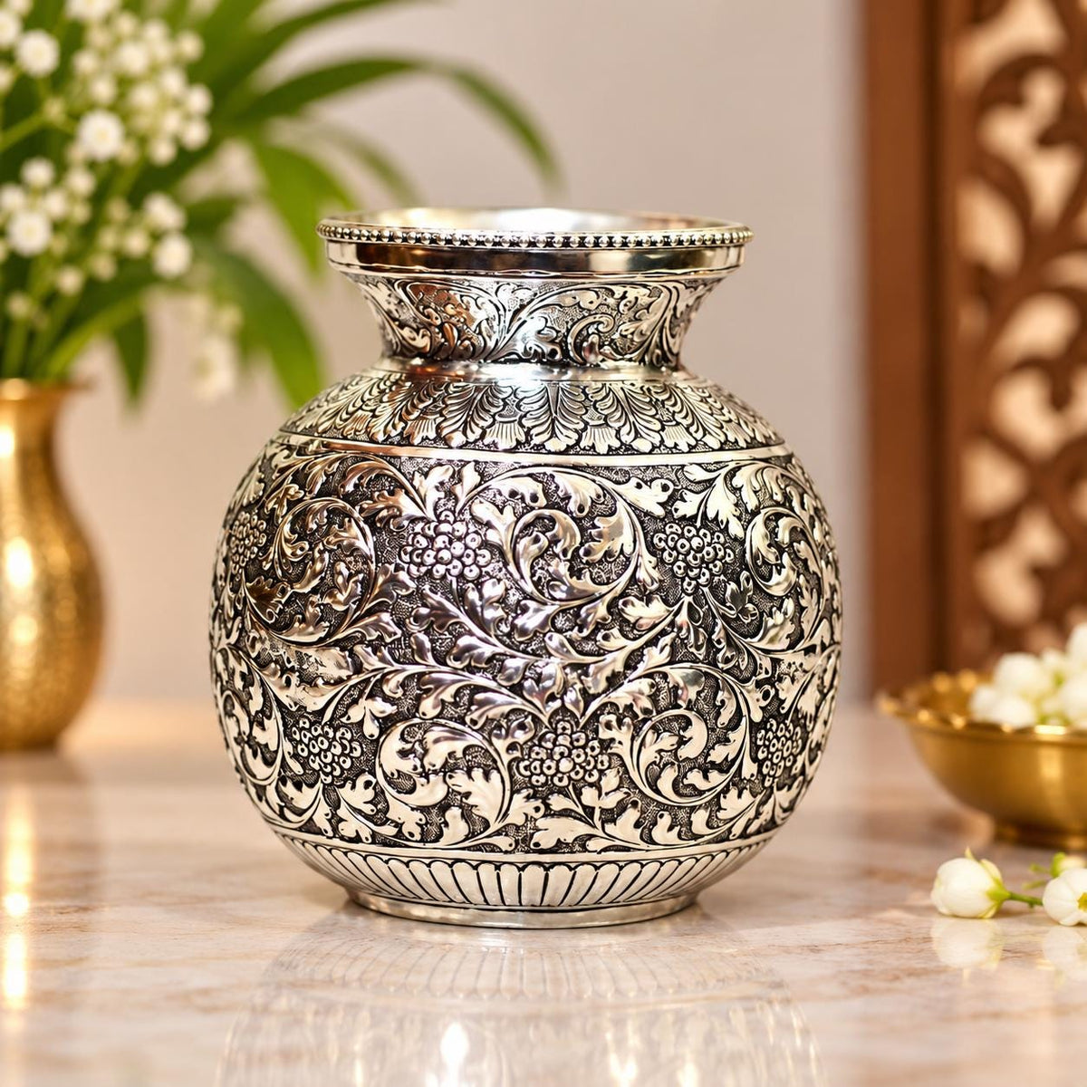 German Silver Floral Engraved Kalash, 10x5 Inch Pooja Pot, AshtaLakshmi Home Decor