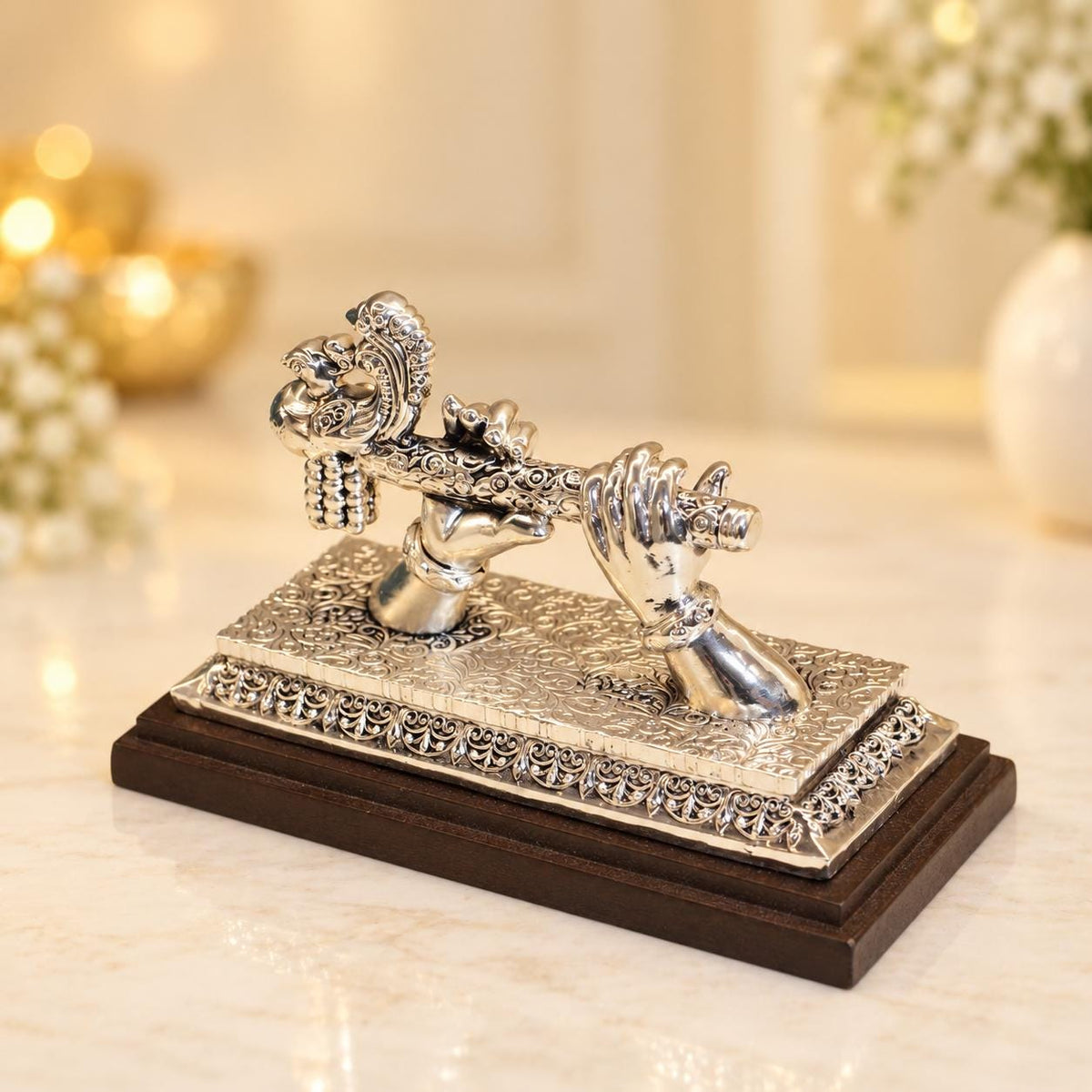 Silver Plated Krishna Hand & Flute Figurine, Peacock Motif, Wooden Base (5x7.5")