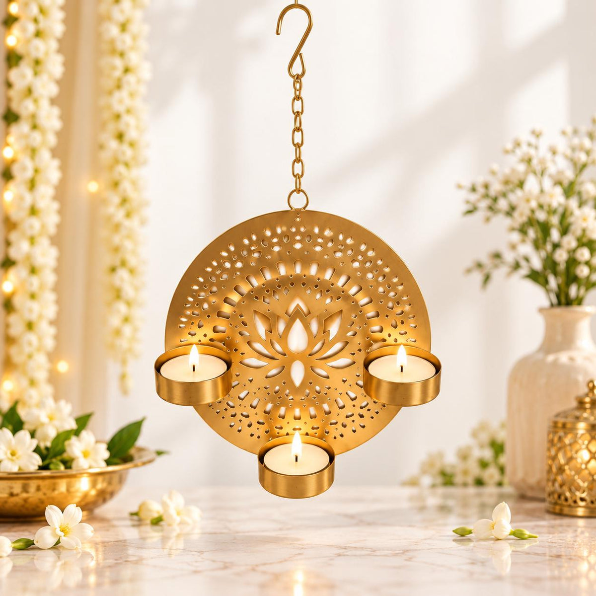 Handcrafted Gold Lotus Tealight Holder | 6" Metal Diya Wall Hanging (Set of 2)