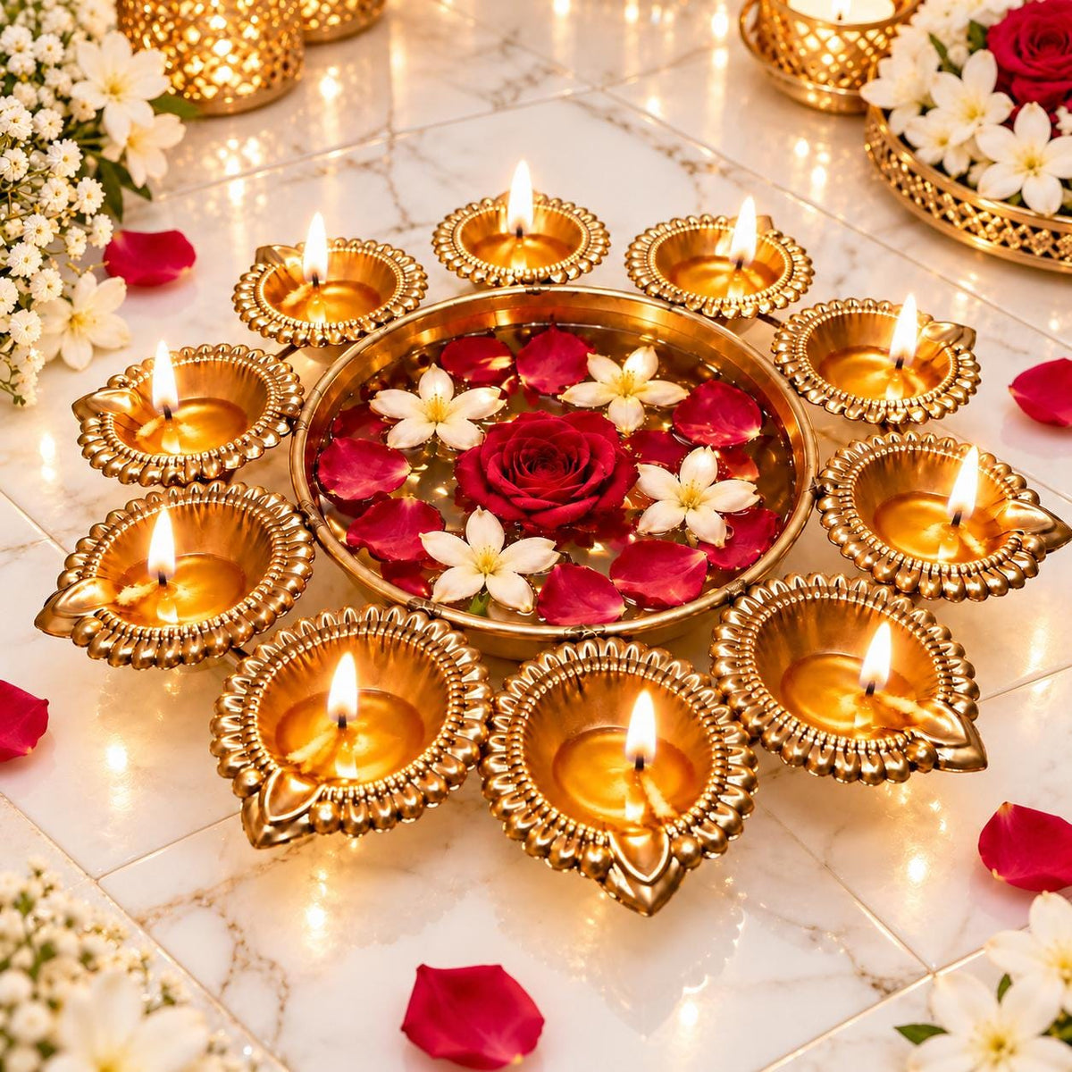 Handcrafted Gold Tone Urli Bowl with Diya Holders, 9.5 Inch, Diwali Pooja Decor