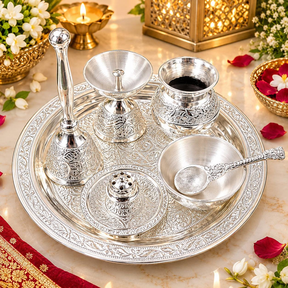 Handcrafted German Silver Pooja Thali Set – 8 Inch, Engraved, Velvet Box (7 Piece)