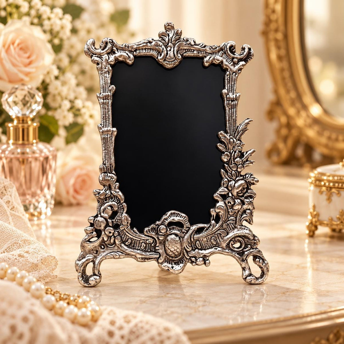 Ornate German Silver Photo Frame, Vintage Floral Design, 8x6 Inch , Handcrafted frame .