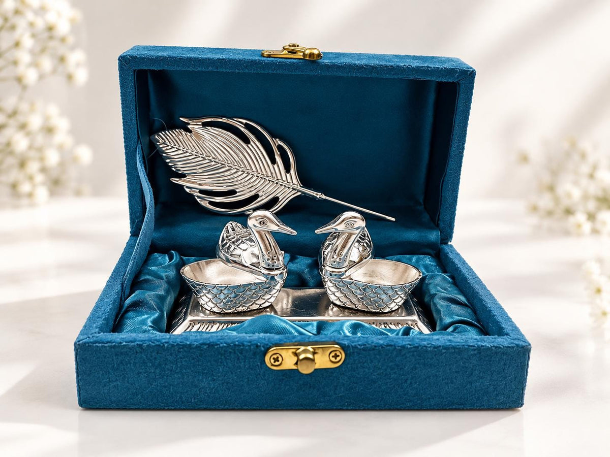 Best, Unique, Custom, Handmade German Silver, Silver Plated Duck Tilak Stick & Chopra Set with Velvet Box (11x6cm), Kumkum Gift Sets, Diwali