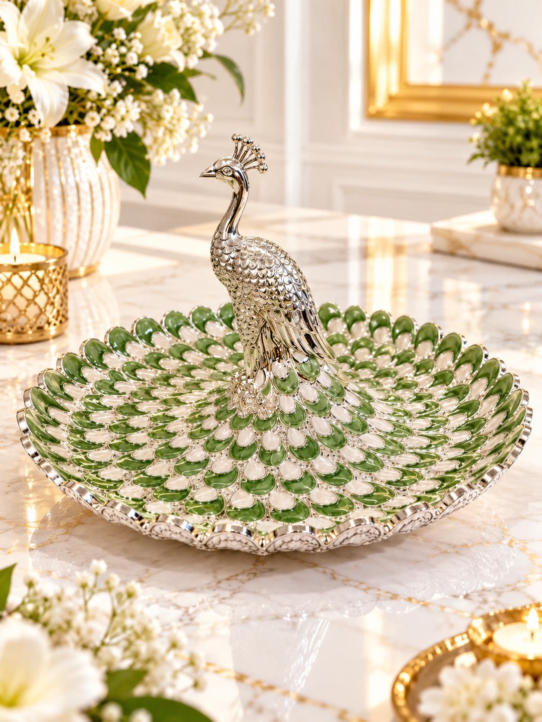 German Silver Peacock Serving Tray, Enamel Centerpiece Bowl (7.5Inches)