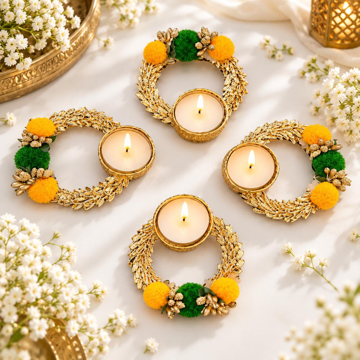 Gold Floral Pom-Pom Tealight Holder | 4-Inch Diwali Pooja Decor (200 pcs)