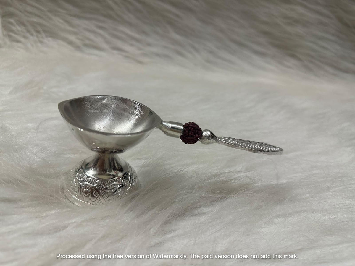 German Silver Pooja Bell & Diya Set | Engraved Leaf Handle, Gift Box (6 Inch)