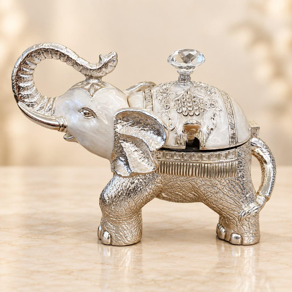 Silver Plated Elephant Sugar Bowl, Pearl White Enamel, Wedding Gift (12cm)
