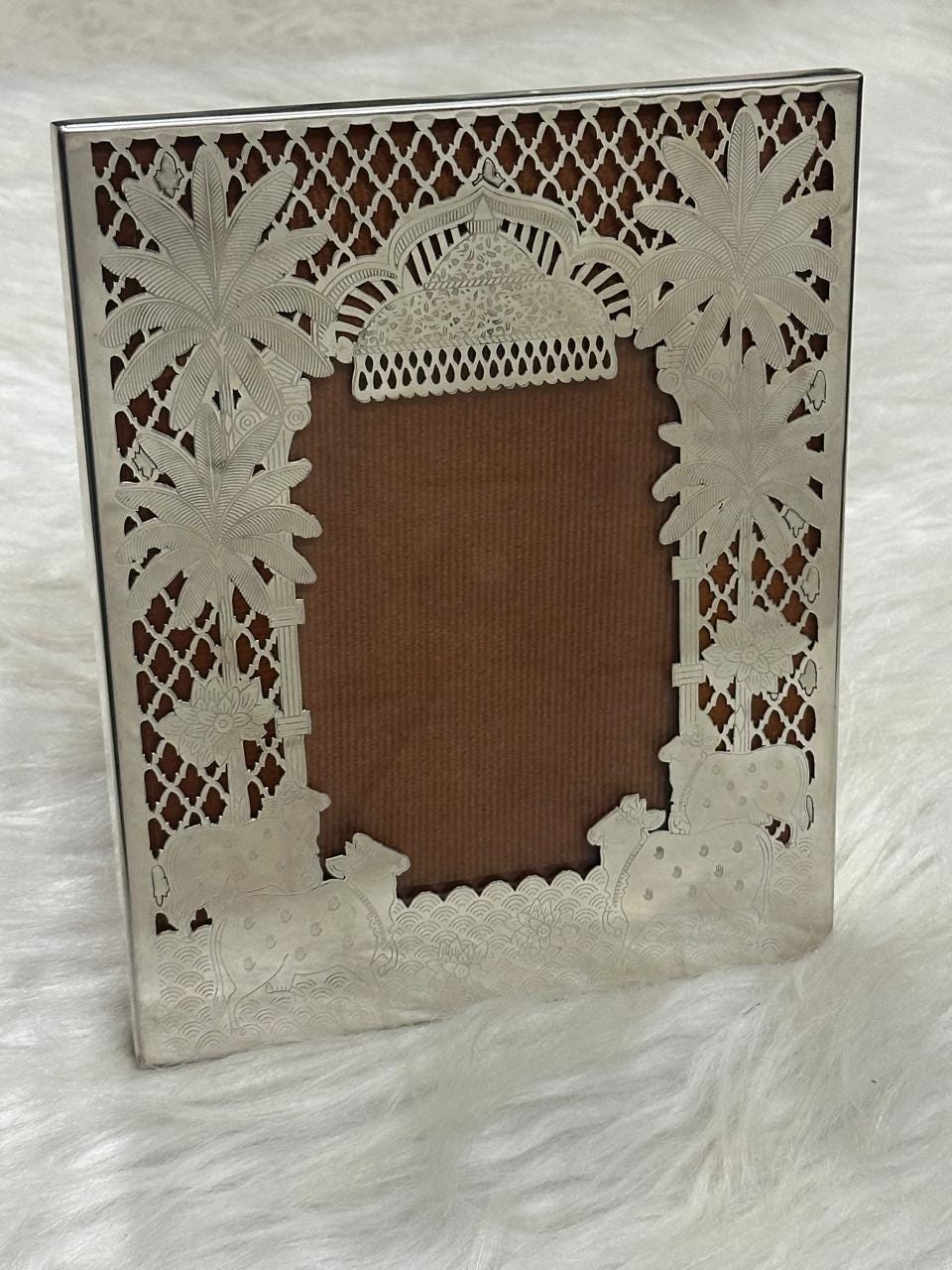 Handcrafted Silver Plated Photo Frame Set – Cow, Lotus, Tree Motifs (9x7 inches) , Wedding, Anniversary, Birthday Gift,  Classic Photo Frame