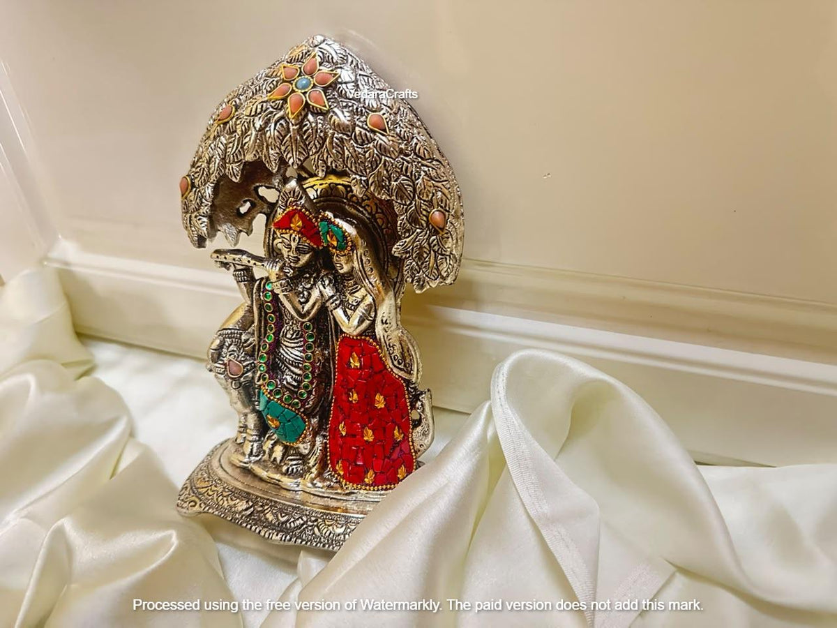 Radha Krishna Statue with Tree Canopy, Silver-Tone with Red and Green Accents