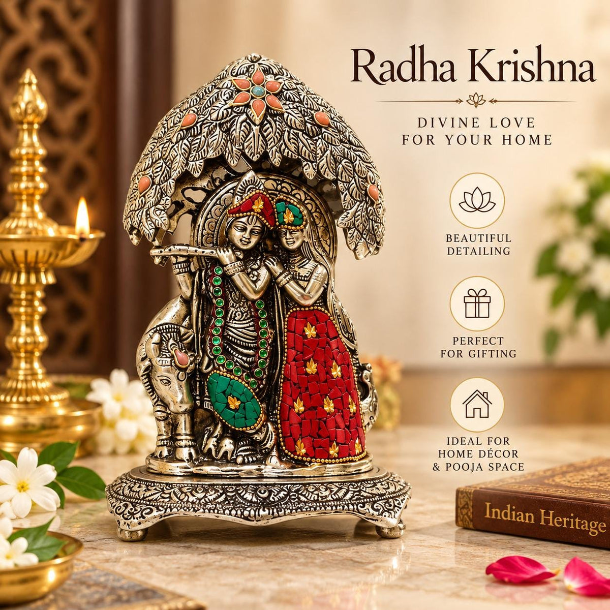 Radha Krishna Statue with Tree Canopy, Silver-Tone with Red and Green Accents
