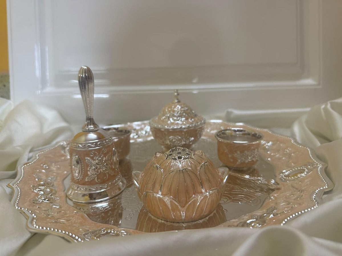 Handcrafted German Silver Pooja Thali Set, Floral Engraved, 12" Diameter, 7-Piece Ritual Accessories
