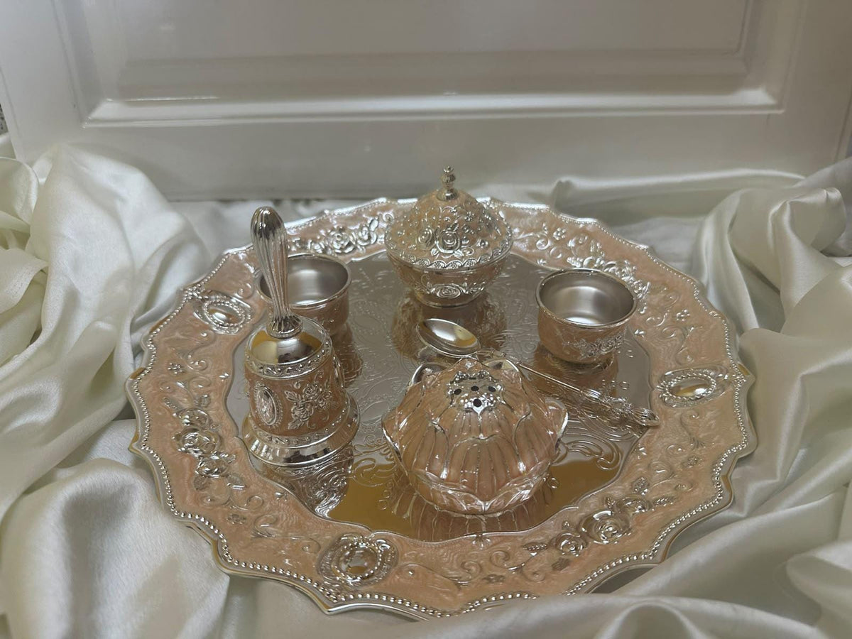 Handcrafted German Silver Pooja Thali Set, Floral Engraved, 12" Diameter, 7-Piece Ritual Accessories