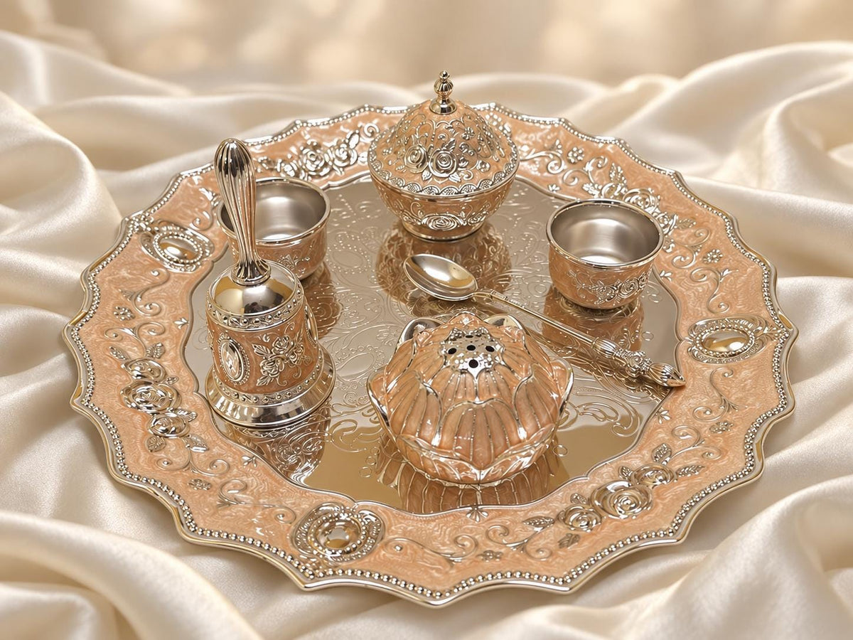 Handcrafted German Silver Pooja Thali Set, Floral Engraved, 12" Diameter, 7-Piece Ritual Accessories