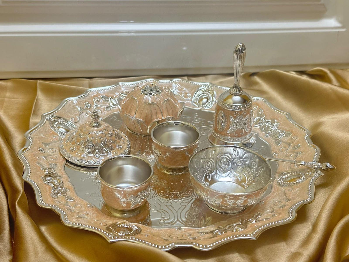 Handcrafted German Silver Pooja Thali Set, Floral Engraved, 12" Diameter, 7-Piece Ritual Accessories