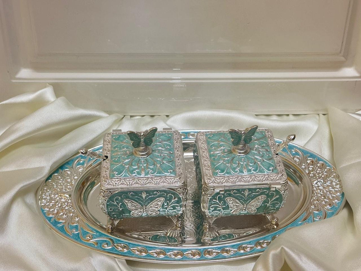 Turquoise Enamel Butterfly Dry Fruit, Sweets, Candies Box Set, Silver Floral Tray, Wedding Gift
