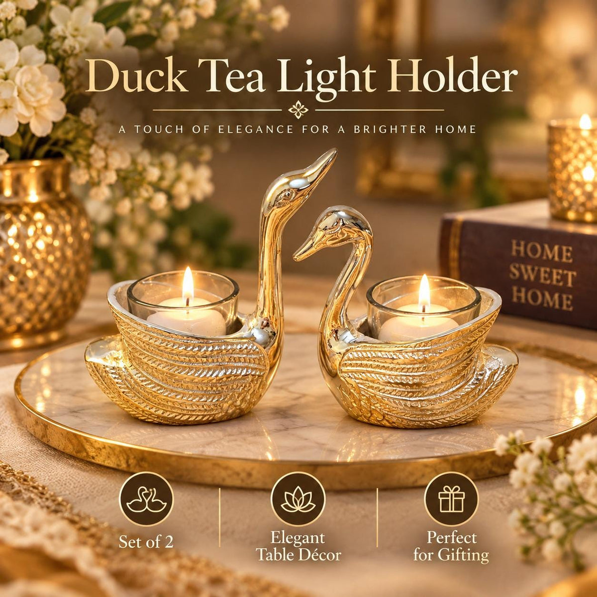 Set of 2 Silver Swan Tea Light Holders | Elegant Wedding Table Décor