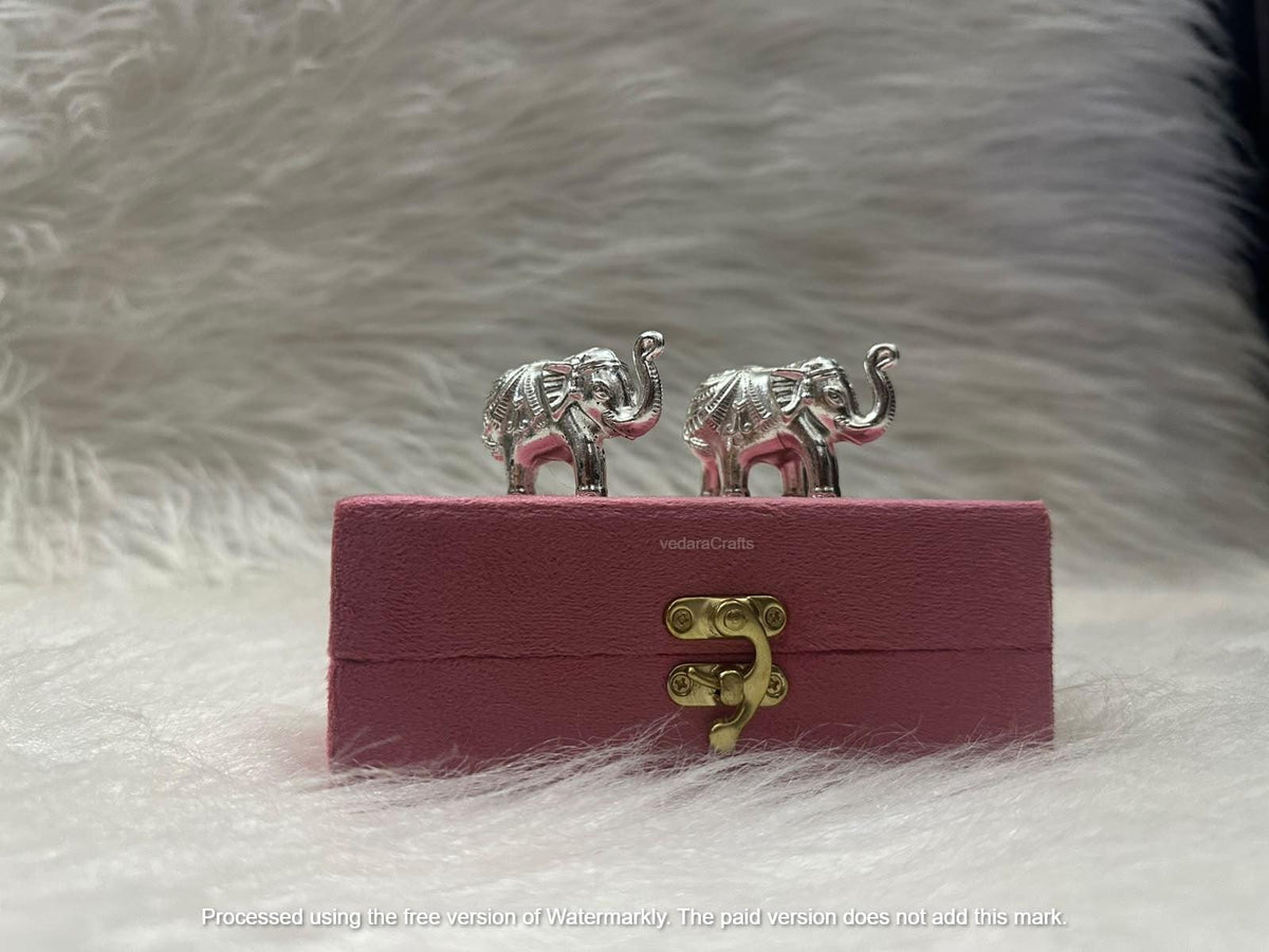 Handcrafted Antique Silver-Plated Elephant Idols (Pack Of 2) | Vastu Idol | Table Decor