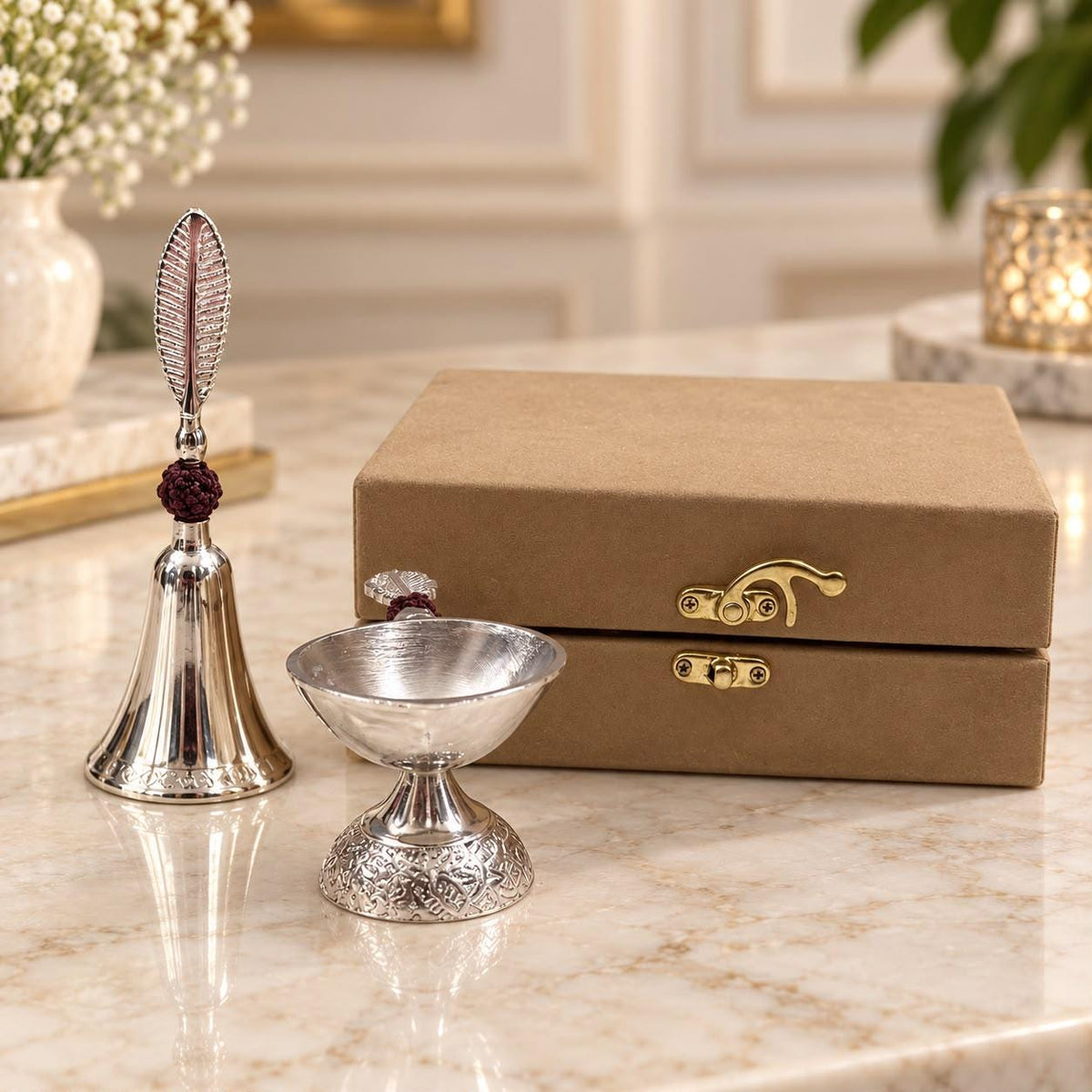 German Silver Pooja Bell & Diya Set | Engraved Leaf Handle, Gift Box (6 Inch)