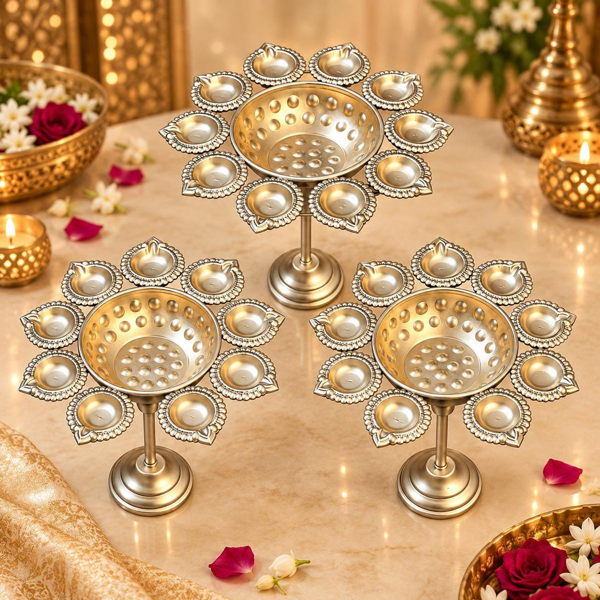 Gold Floral Diya Urli Set | Traditional Indian Diwali Decor (Stand Included)