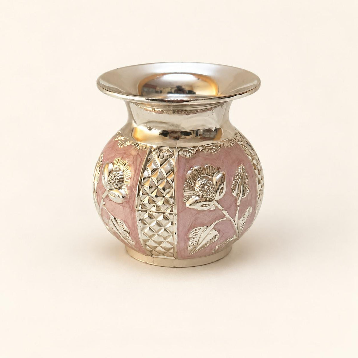 German Silver Mini Puja Kalash, Enamel Mandir Decor, Diwali Gift (2.5x2.2)