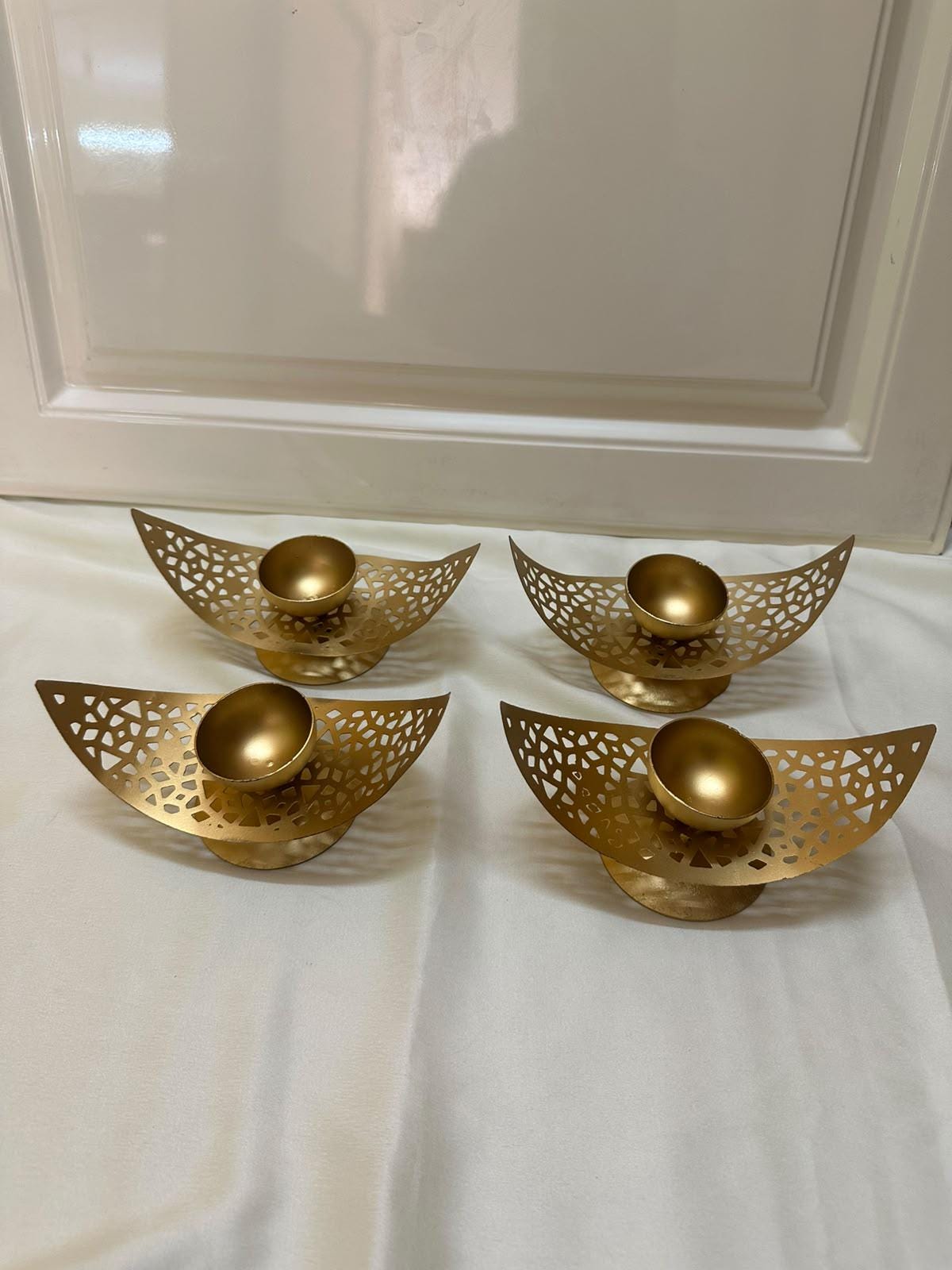 Gold Tone Moon Diya Holders | Curved Metal Tealight Stands (4 Piece Set)| diwali decor | table centerpiece | home decor |festive item