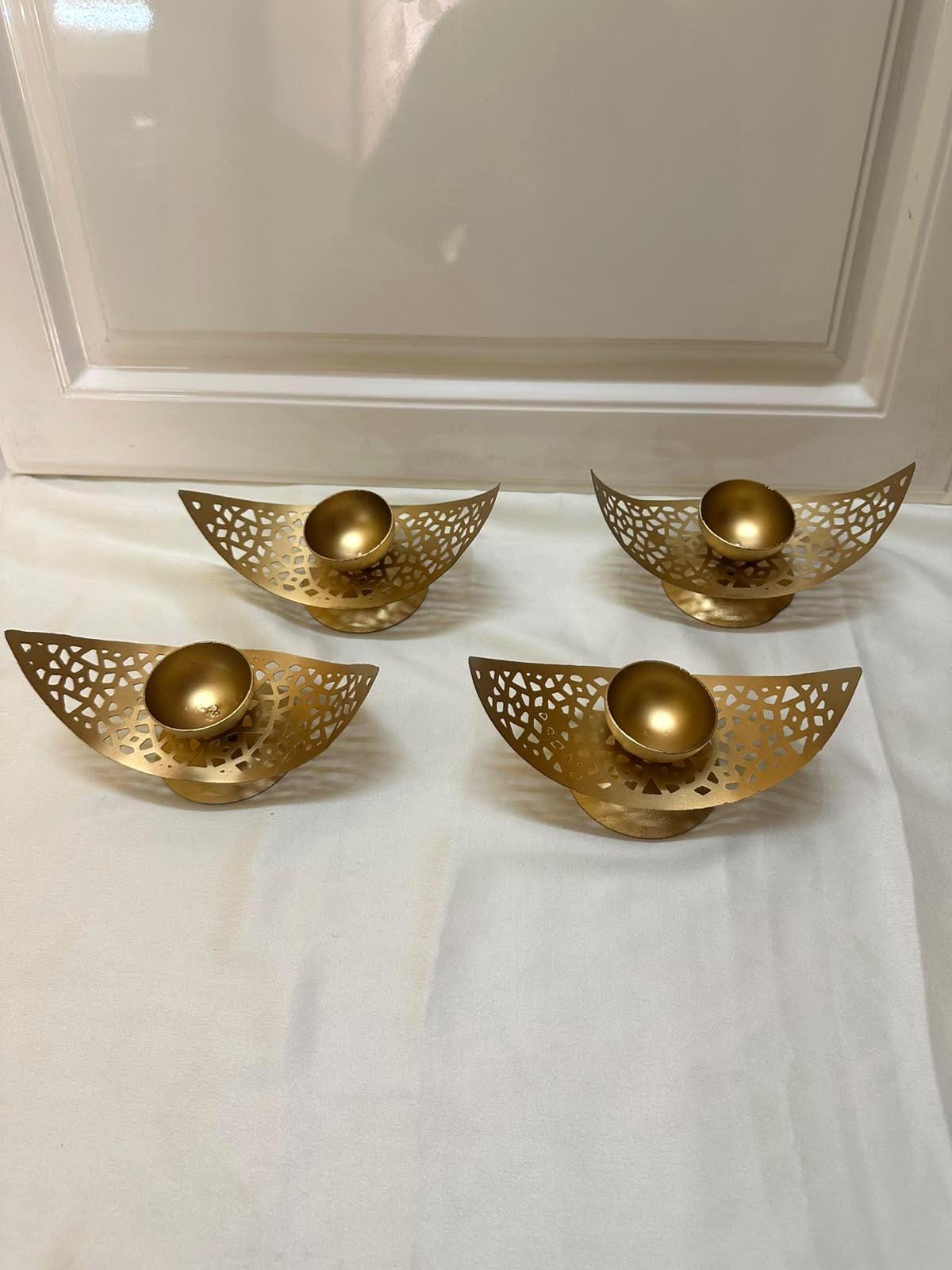 Gold Tone Moon Diya Holders | Curved Metal Tealight Stands (4 Piece Set)| diwali decor | table centerpiece | home decor |festive item
