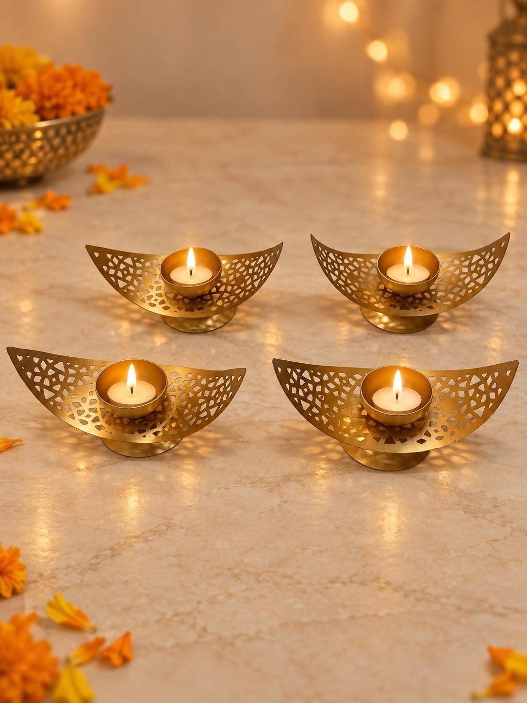 Gold Tone Moon Diya Holders | Curved Metal Tealight Stands (4 Piece Set)| diwali decor | table centerpiece | home decor |festive item