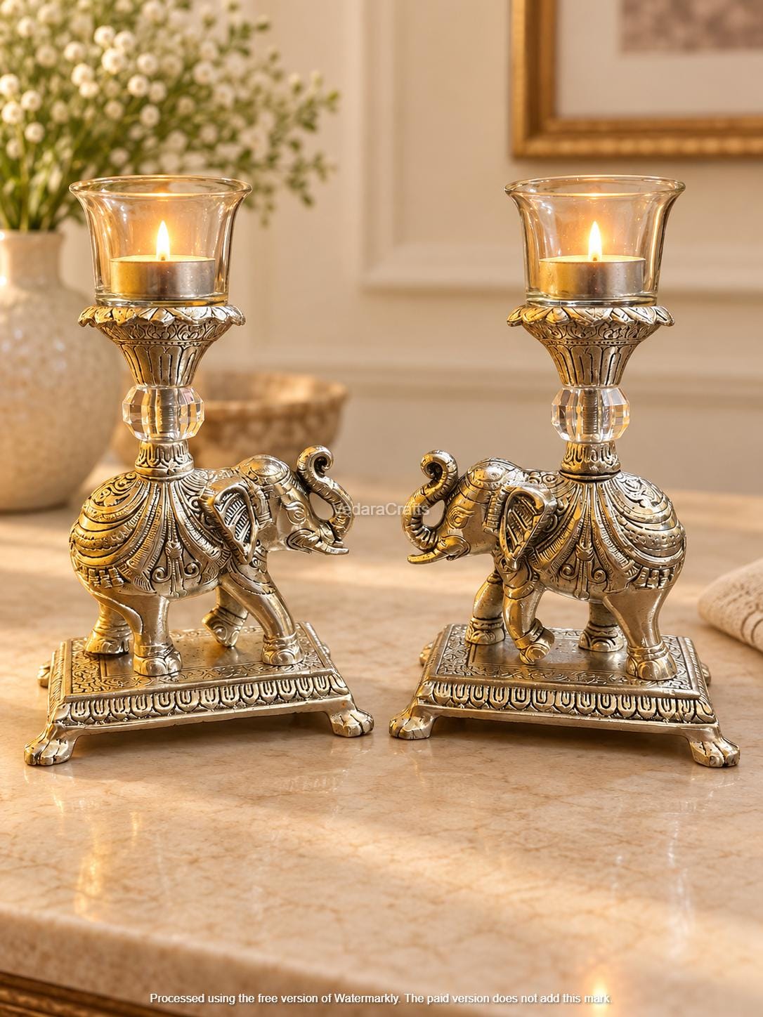 German Silver Elephant Tealight Holders, Ornate Candle Set, Festive Decor