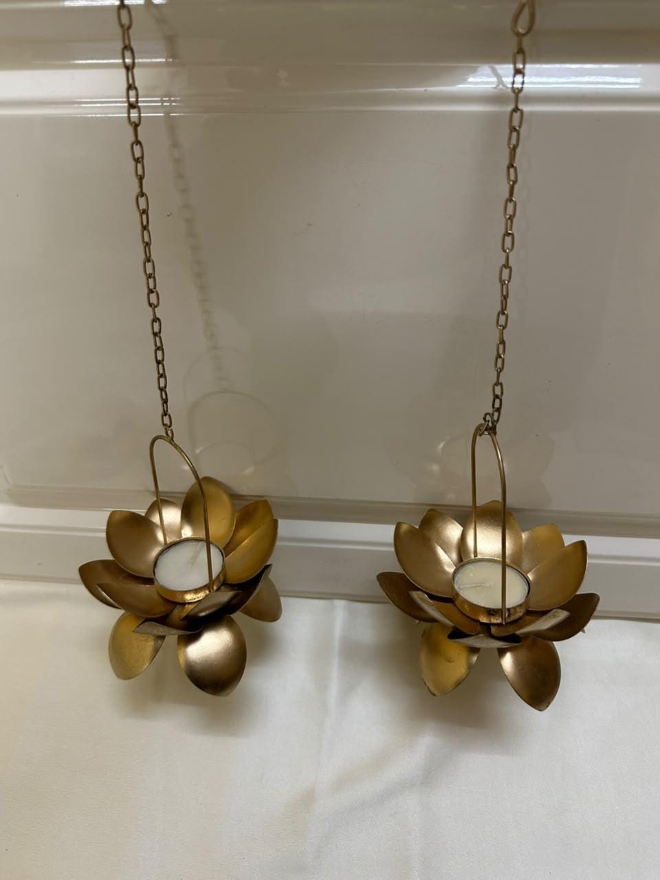 Handcrafted Gold Lotus Tealight Holder, 13 Inch Hanging Candle Decor (2 Piece)