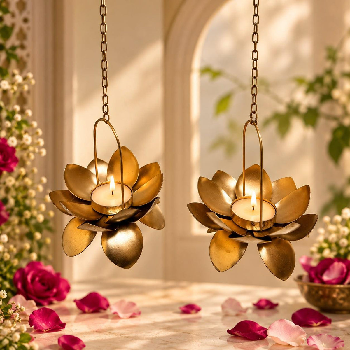 Handcrafted Gold Lotus Tealight Holder, 13 Inch Hanging Candle Decor (2 Piece)