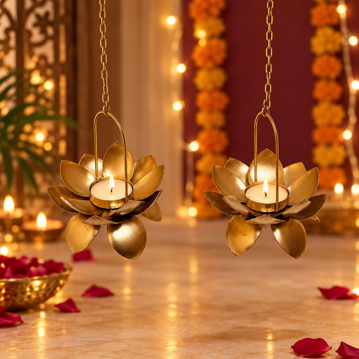 Handcrafted Gold Lotus Tealight Holder, 13 Inch Hanging Candle Decor (2 Piece)