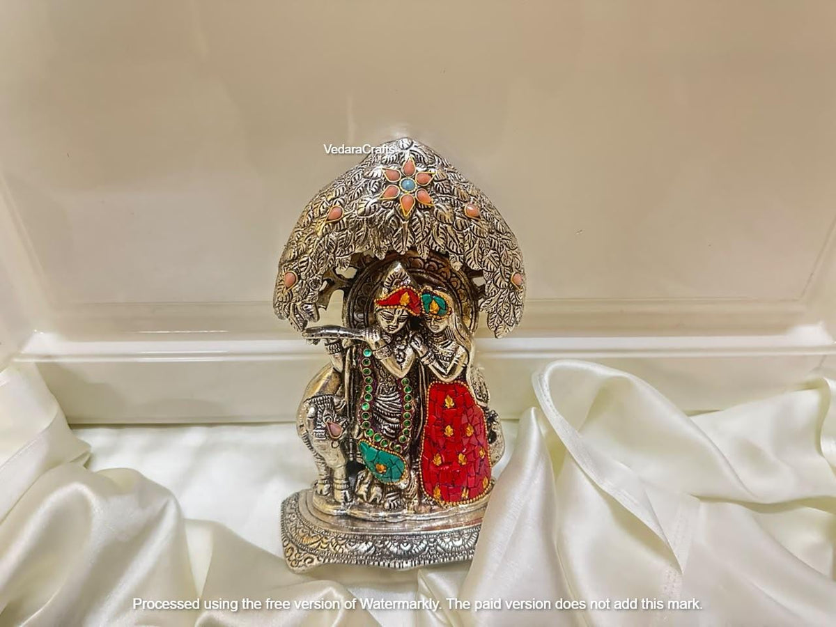 Radha Krishna Statue with Tree Canopy, Silver-Tone with Red and Green Accents