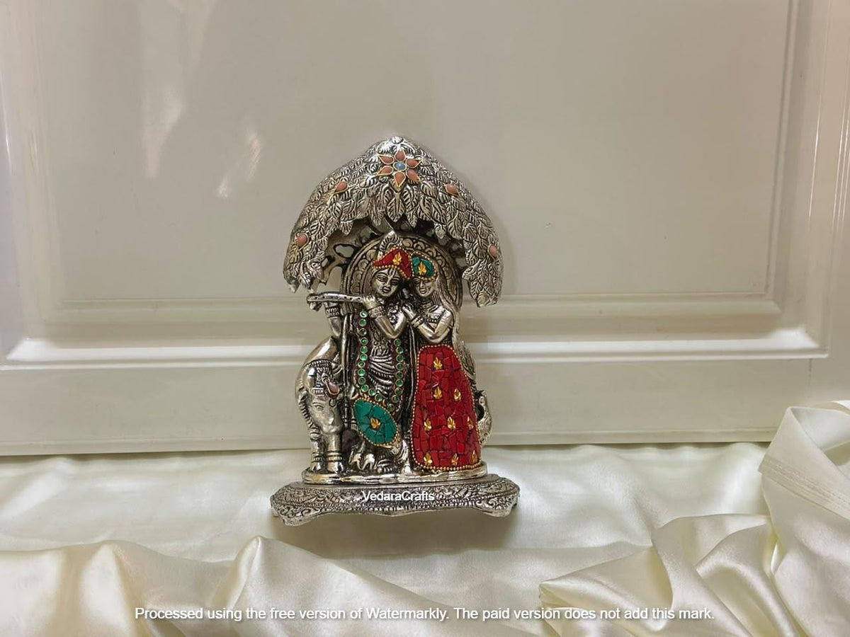 Radha Krishna Statue with Tree Canopy, Silver-Tone with Red and Green Accents